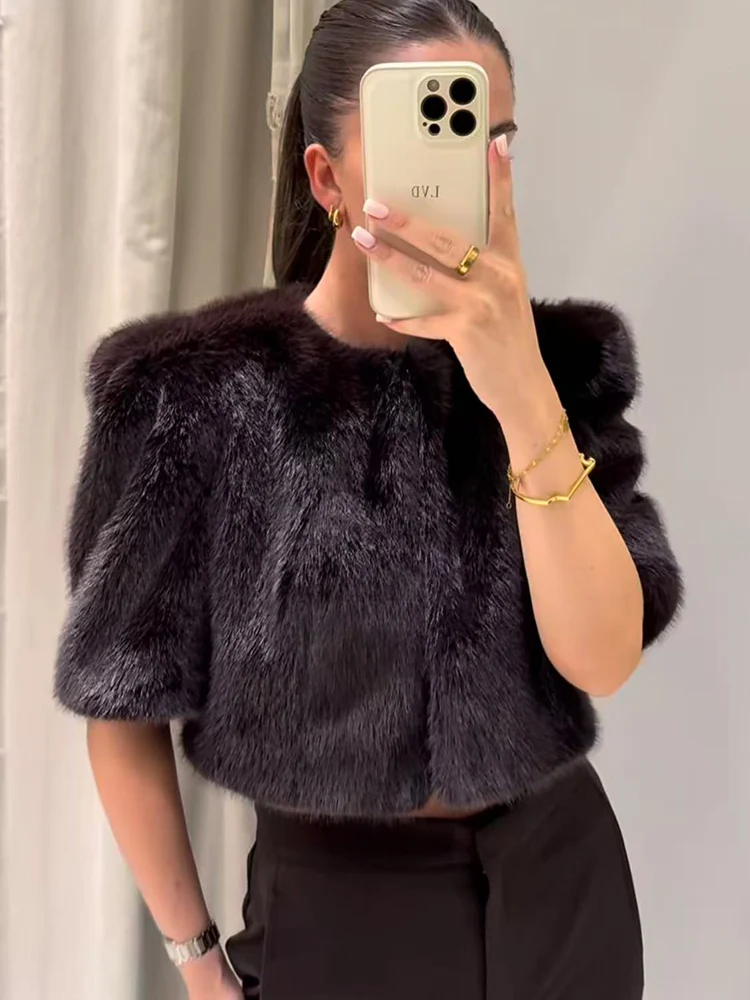 Women Brown Faux Fur Short Coat Fashion Round Nneck Short Sleeve Fluffy Warm Jacket Winter New Commute Elegant Outerwear