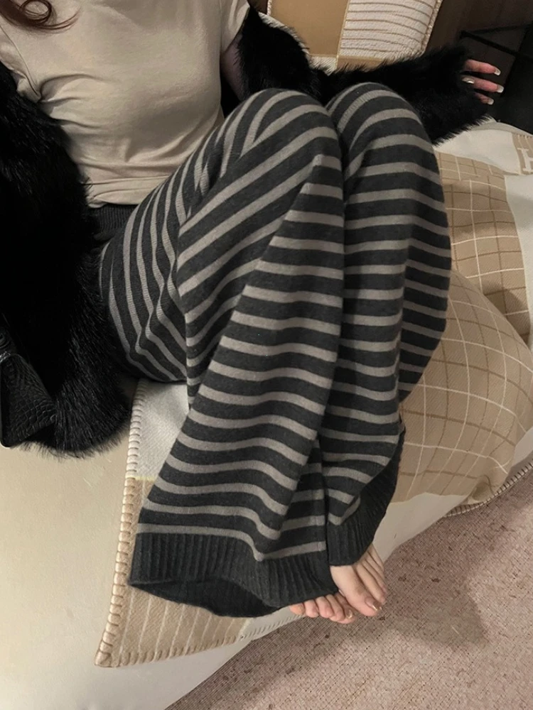 Harajuku Contrast Color Stripe Wide Leg Trousers Vintage Grunge Loose Knitted Casual Pant Y2k Aesthetic Women Straight Pants