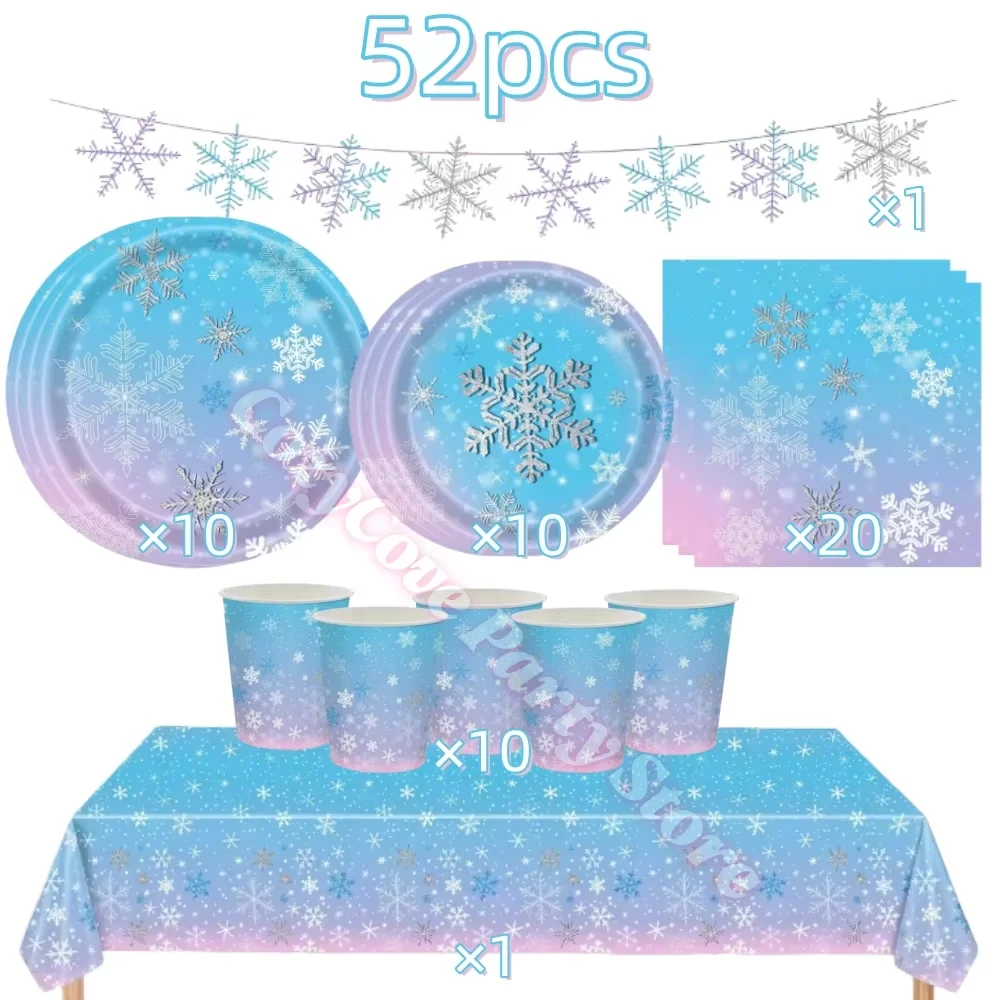 Frozen Geburtstagsparty Dekorationen Schneeflocken-Teller Servietten Becher Banner Blau Lila Schnee-Folienballons Winterwunderland Zubehör – Detail 9