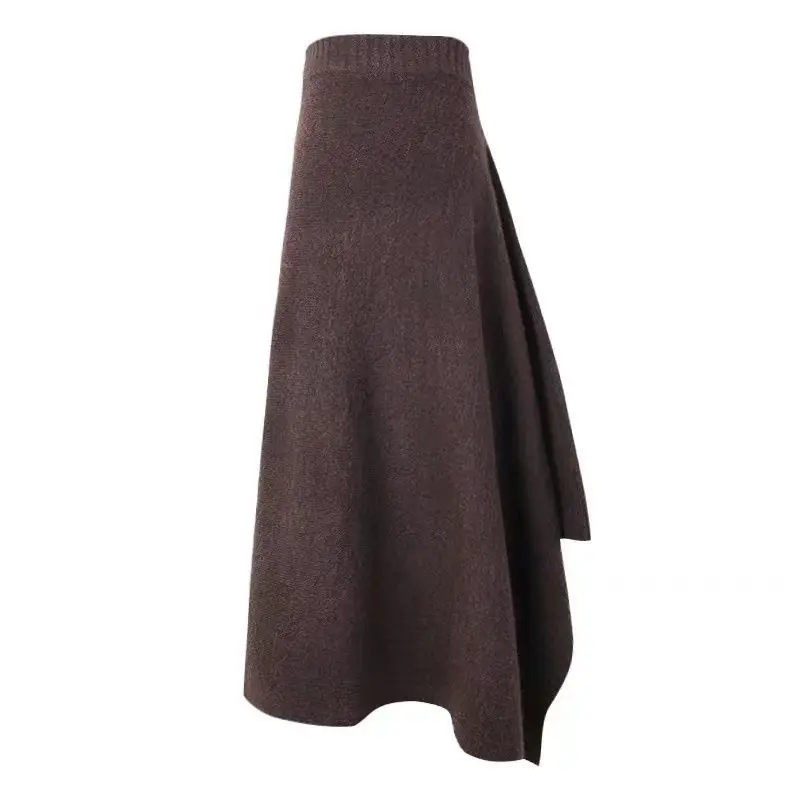 

2022 New Arrival Autumn Women Loose Casual A-line Mid-calf Skirt Asymmetrical All-matched High Waist Knitted Skirts P816