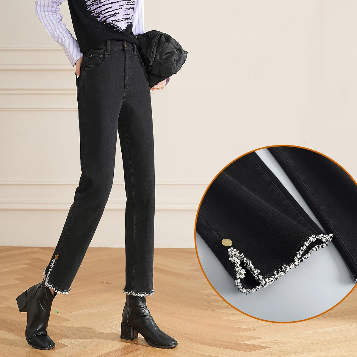 LOUIS YAO Women Jeans 2024 New Slim Straight Denim High Waist Vent Trousers Retro Casual Black Cropped Pants for Women