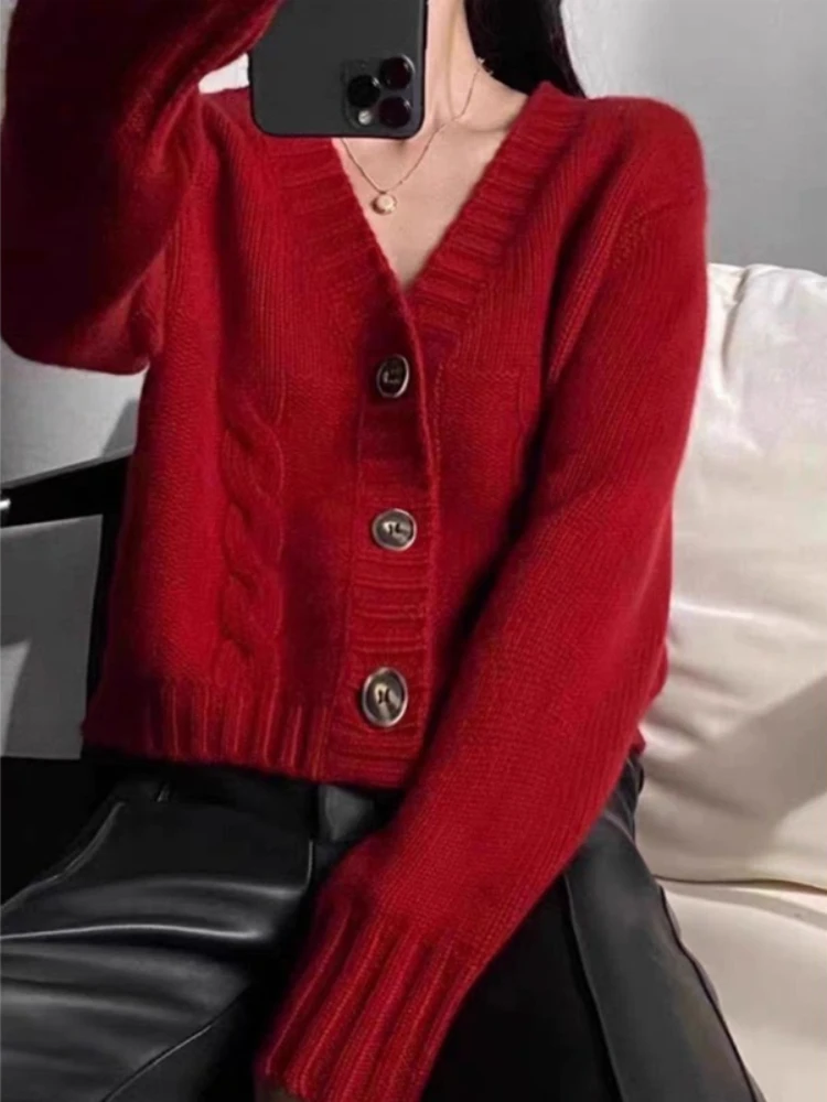 Fashion New Autumn and Winter V-neck Women's Sweater Single-breasted Women's Casual Long-sleeved Office Knitted Short Jacket