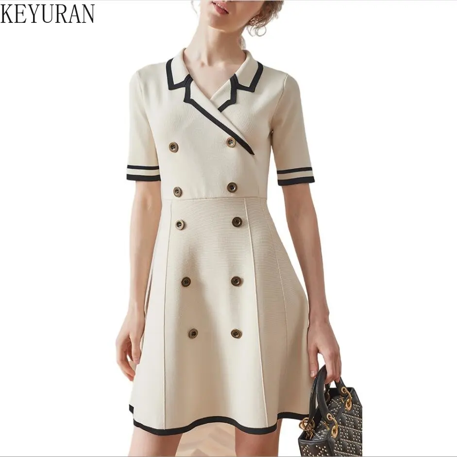 

Vintage Ice Silk Knitted Dress Women 2023 New Summer Sexy Office Ladies Elegant V-Neck Button Elastic A Line Knee-Length Dresses