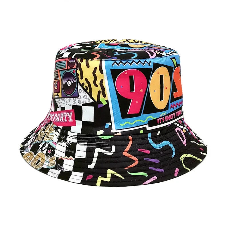 

New Korean retro retro fisherman hat double side street dance graffiti outdoor sunscreen hat for men and women