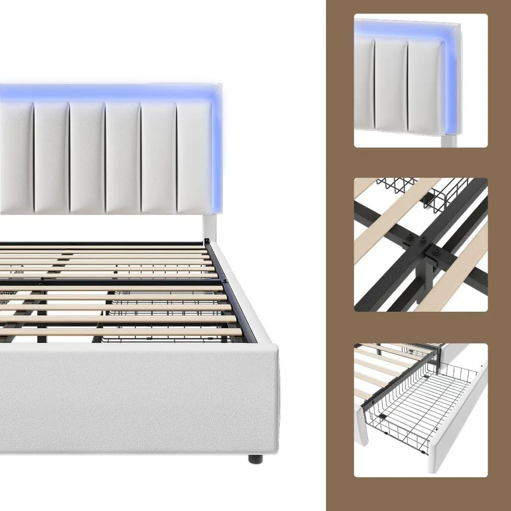 Bed Frame, Upholstered Platform Bed with Faux Leather Headboard and LED Lights and Storage Drawers, Strong Wooden Slats Support 5