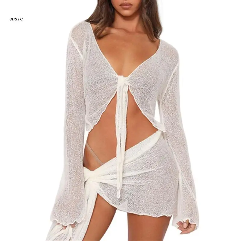 Womens 2 Piece Cover Up See Through Swimsuit Sheer Mesh Tie Knot Long Sleeve Crop Top and Mini Wrap Skirt Sarong Outfit swimsuit cover up swimsuit coverup fishnet cover up women dresses