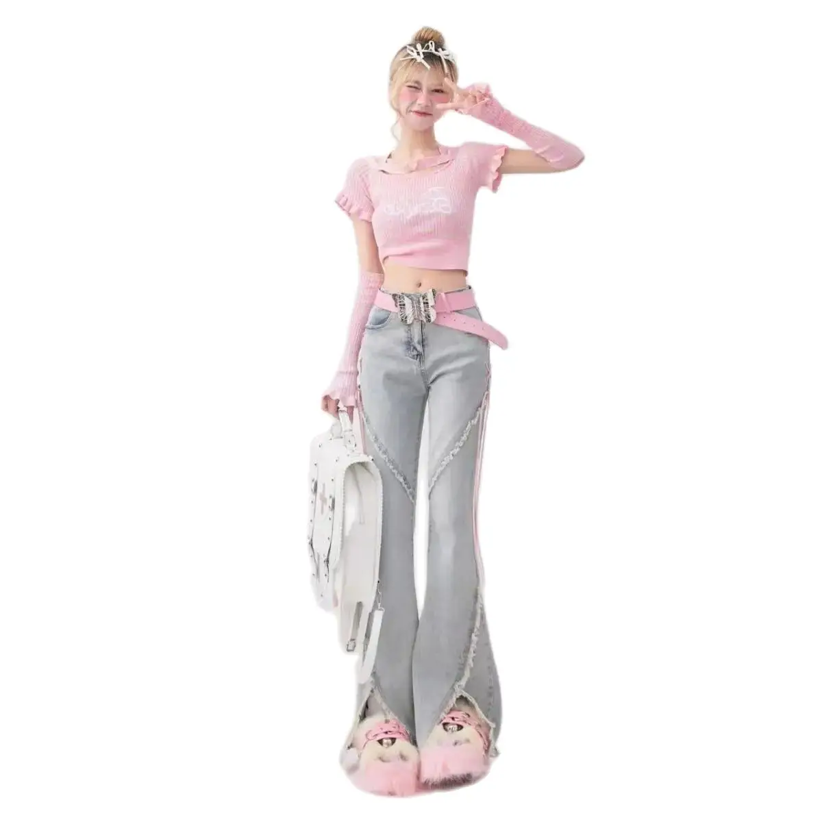 Jeans Flared With Slit Rough Edge High Waist Design Harajuku Streetwear Retro Fashion Women Leg Straight Loose Denim Trouser Y2K