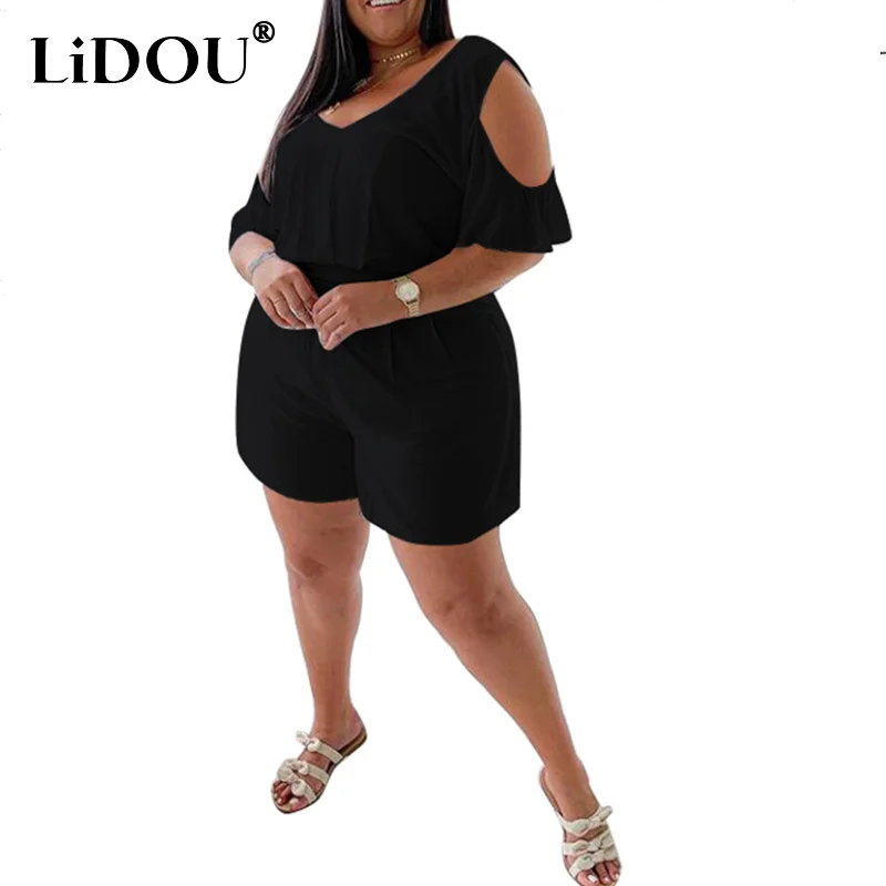 

2022 New Summer Sexy Casual Street Style Plus Size Suit Women White Black All-match Jumpsuit Solid Color Loose Short Pants Set