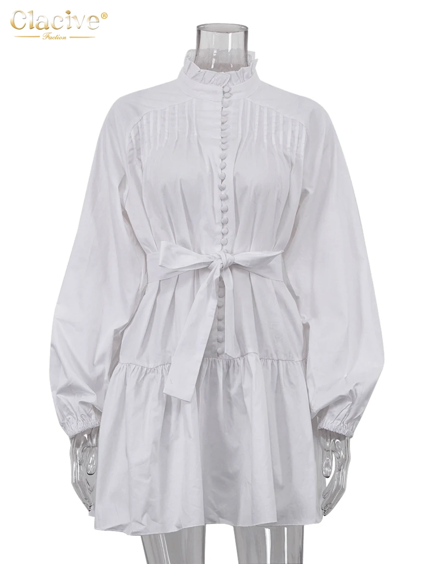 Clacive Fashion Loose White Cotton Dress Casual Stand Collar Puff Sleeve  Mini Dress Elegant Lace-Up Pleated Dresses For Women - AliExpress 200000345
