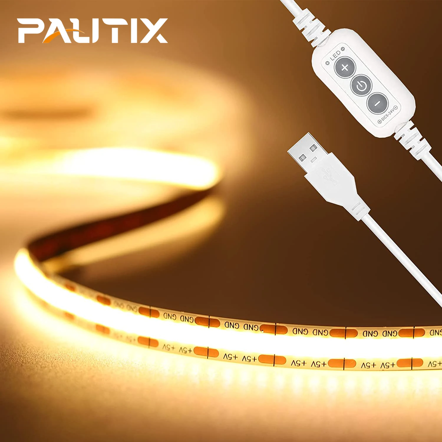PAUTIX DC 5V COB LED Strip Light USB with Mini Controller Dimmable Soft Flexible Tape High Density 320LEDs Linear LED Lights