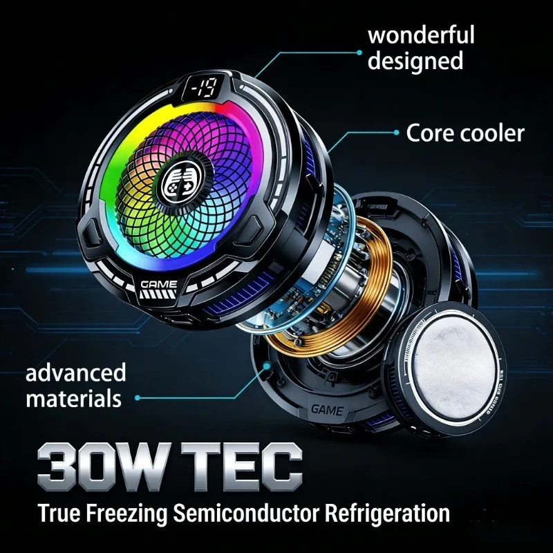 FS18 모바일 폰 쿨러 30W AI 스마트 온도 제어 TEC 반도체 냉각 팬 라디에이터 (RGB 조명 포함, IOS 및 안드로이드용)