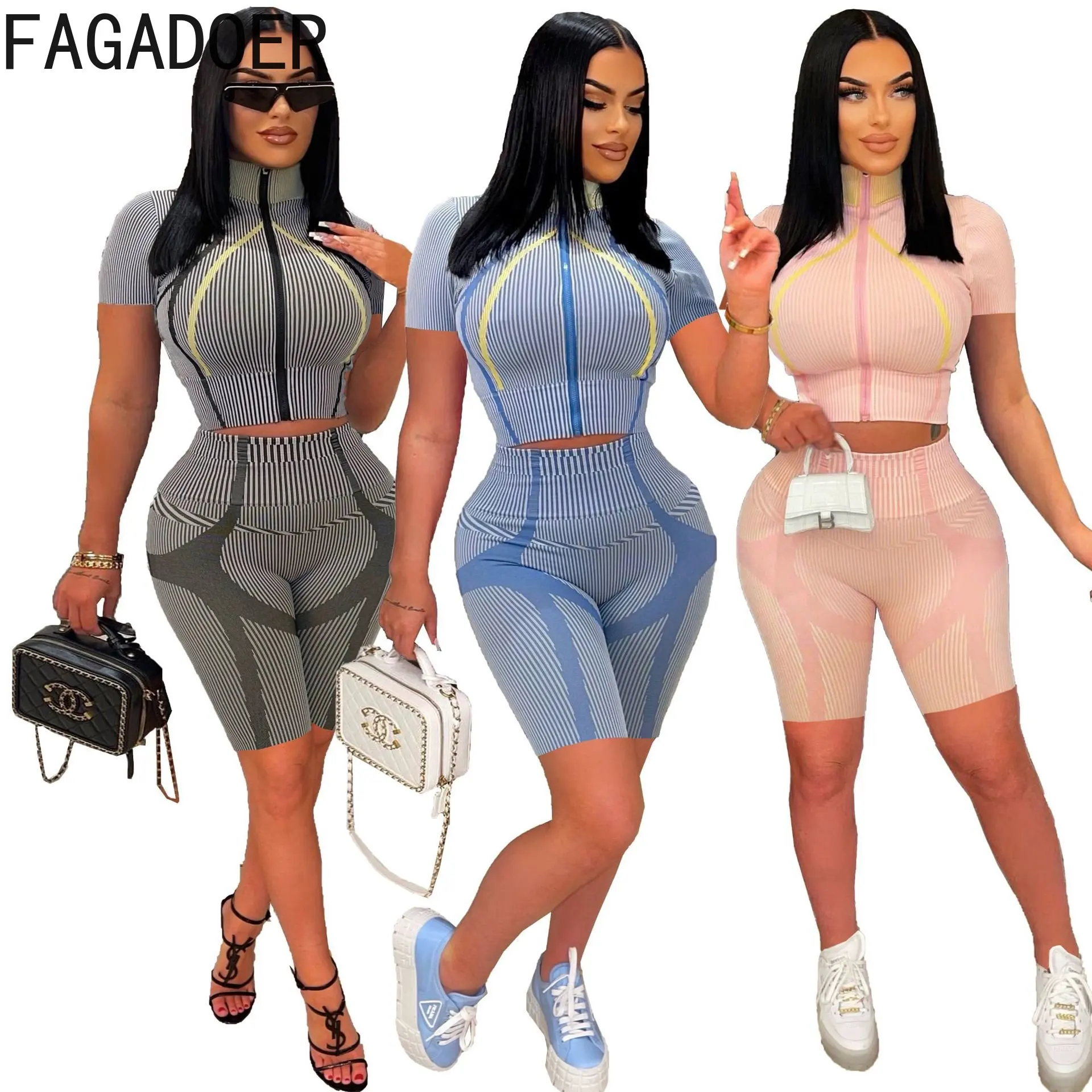 FAGADOER Casual High Elasticity Printing Tracksuits Women Round Neck Crop Top + Biker Shorts Two Piece Sets Summer Outfits 2023