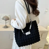 2025 Fashion Plaid Tote Bag for Women – Large Capacity Soft Fabric Shoulder Handbag with Beaded Chain, Stylish Commuter Purse for Ladies - Image 4