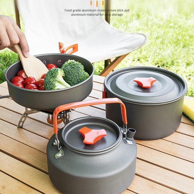 Batterie de cuisine de camping portable en aluminium, kit de cuisson,  casserole, bol, bouilloire, marmite, pour la randonnée, barbecue,  pique-nique - AliExpress