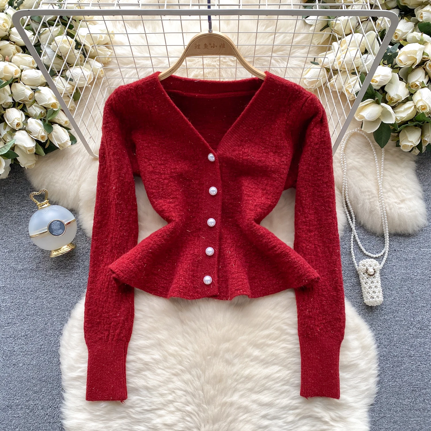 

Red Women Sweater Winter V Neck Long Sleeve Knitted Cardigans All-matched Solid Single Breasted Trendy Female Sweater