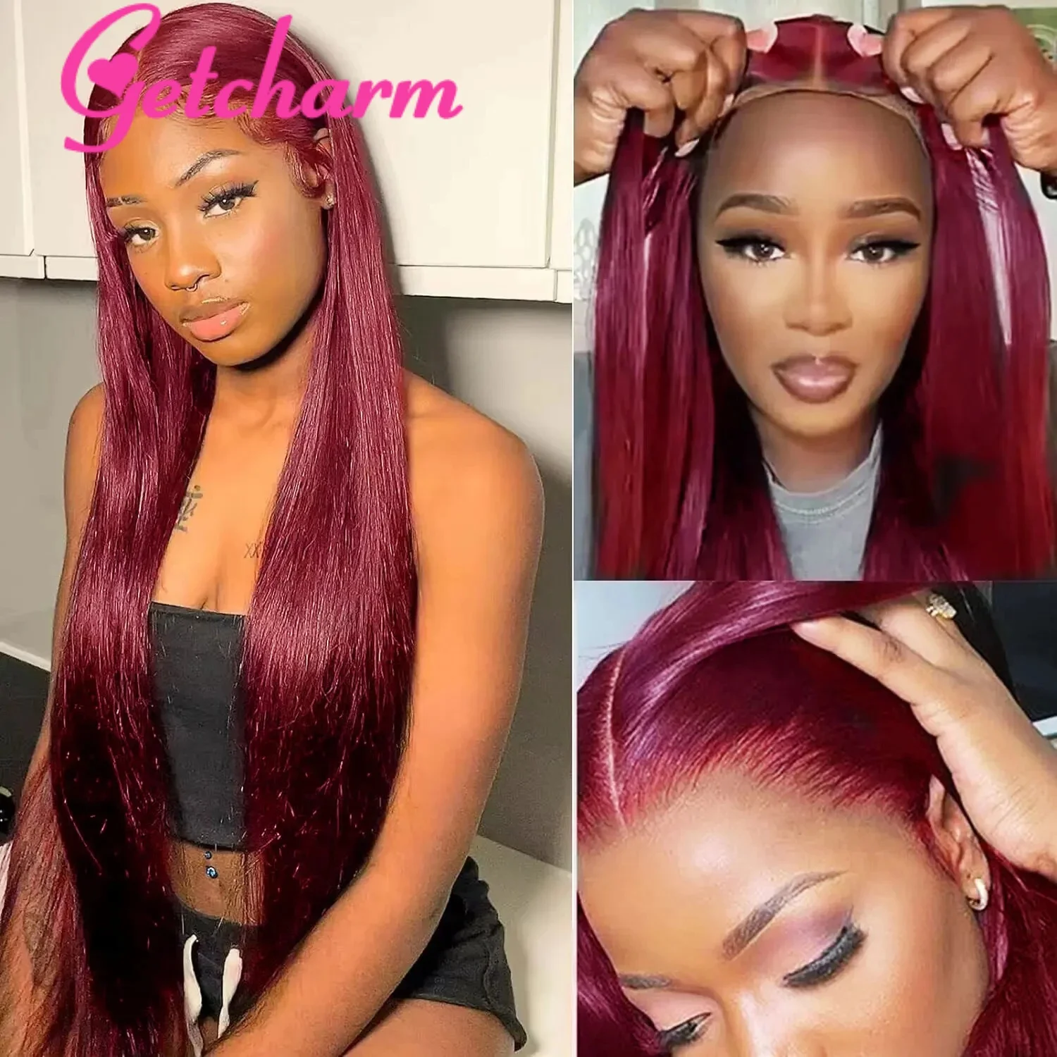 

99J Burgundy Straight 13x4 Lace Front Human Hair Wigs Brazilian Hair Pre-Plucked Red Color Straight Lace Frontal Wigs For Women