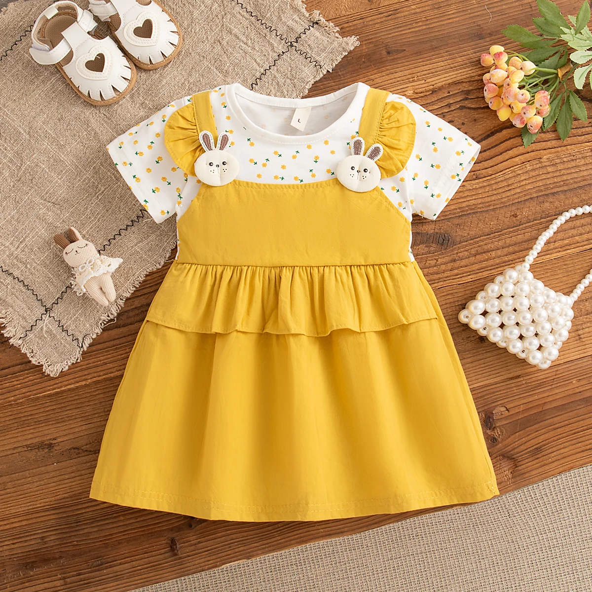 فستان بناتي قطعتين زهور وأرنب