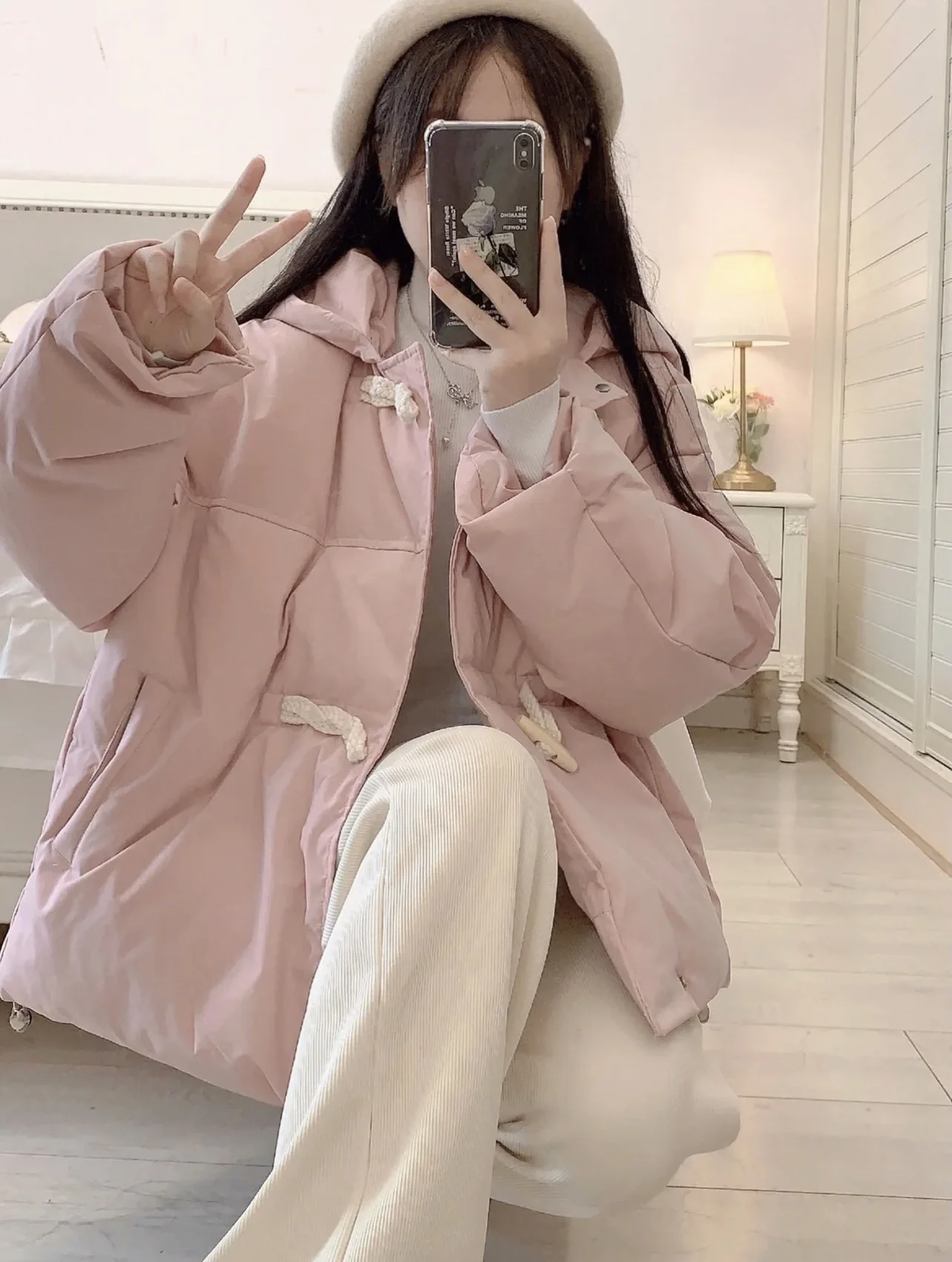 

Winter Cow Horn Buckle Cotton Clothes Female 2022 New Large Size Loose Thickening Warm Hooded Bread Clothes Cotton Jacket Jacket