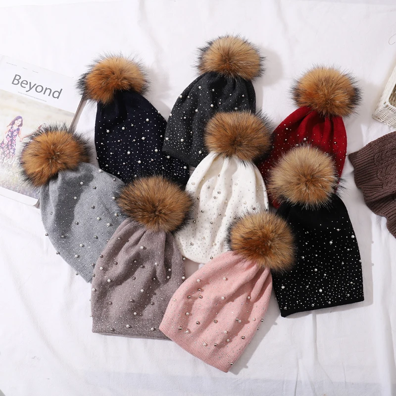 CNTANG Women Wool Knitted Hats Winter Warm Fashion Decorative Pearl Beanies Natural Raccoon Fur Pompom Hat Ladies Casual Cap 2
