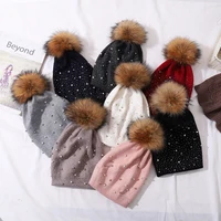 CNTANG Women Wool Knitted Hats Winter Warm Fashion Decorative Pearl Beanies Natural Raccoon Fur Pompom Hat Ladies Casual Cap 2