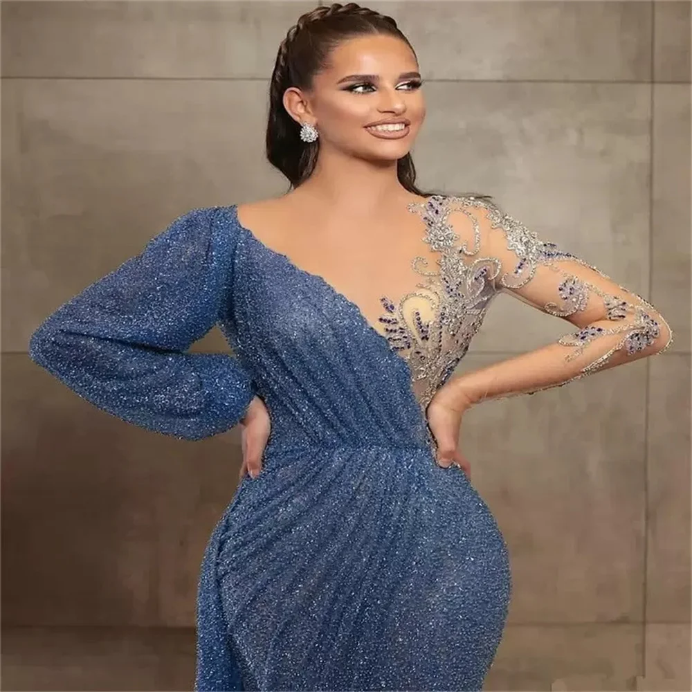 

Blue Jewel Neck Illusion Beaded Sequined Evening Dresses Lace Long Sleeve Mermaid Prom Party Gowns Sweep Train robe soirée femme