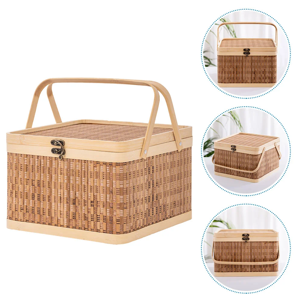 Portable Large Capacity Bamboo Woven Basket Egg Storage Holder Picnic Basket Vegetable Basket Lidded Bamboo Basket Home Storage 6