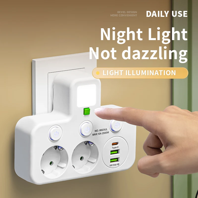 European Standard Wall-Mounted Power Strip with USB-C Charging and Independent Switches