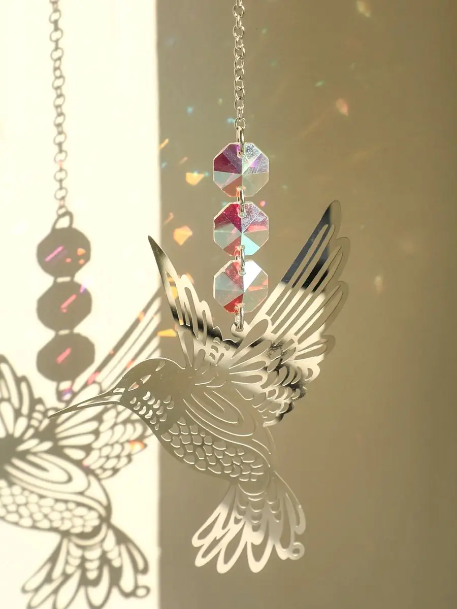 Silver Bird Sun Catcher Stained Glass Beaded Crystal Suncatcher Hanging Decoration Rainbow Maker Garden Decor Outdoor Ornaments