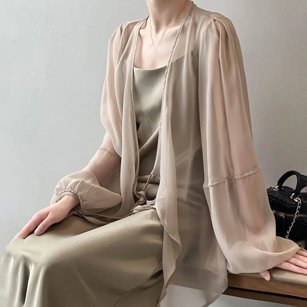 

Chiffon Sun Protection Jacket Elegant Lace-up Chiffon Cardigan for Women Breathable Sun Protection Jacket with for Holiday