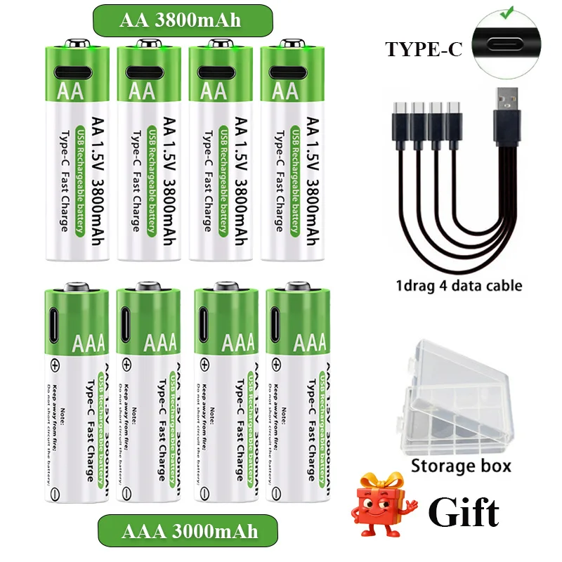 AA/AAA Rechargeable Battery 3000mAh/3800mAh Lithium Battery 1.5V Constant Voltage Fast Charging Type-C For Remote Mouse Toy Ect 1