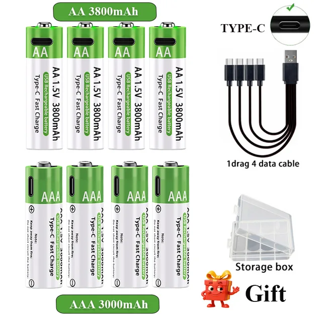 AA/AAA Rechargeable Battery 3000mAh/3800mAh Lithium Battery 1.5V Constant Voltage Fast Charging Type-C For Remote Mouse Toy Ect 1