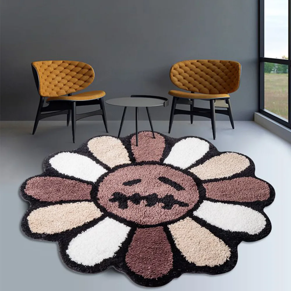 

Smiling Face Tufted Rug Flower Art Rug for Bedroom Living Room Retro Rainbow Fluffy Bathroom Smile Rug Nonslip Mat Home Decor