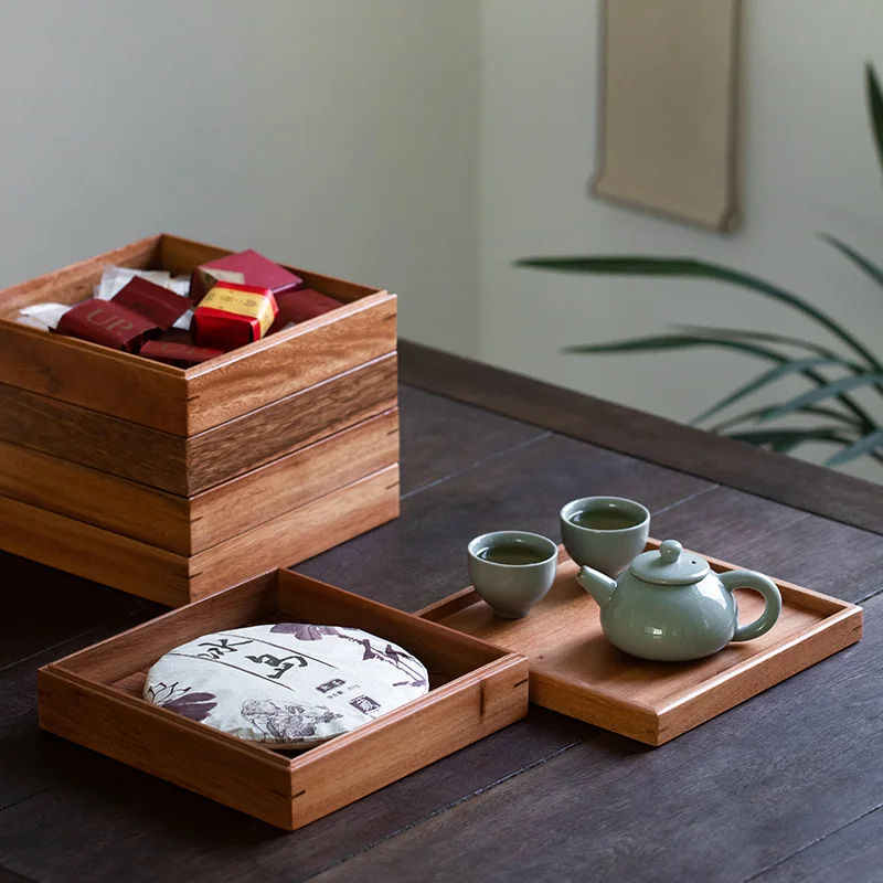 Chinese Bamboo Square Food Tray Solid Wood Tea Set Tray Home Breakfast Cake Flower Pot Bonsai Gardening Holder Tea Tray