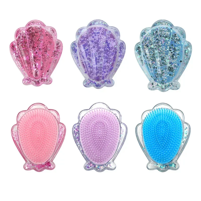 Mini Cartoon Shell Style Hair Brush Kids Girl Cute Sequin Quicksand Children's Massage Comb Travel Hair Brush 1 Piece