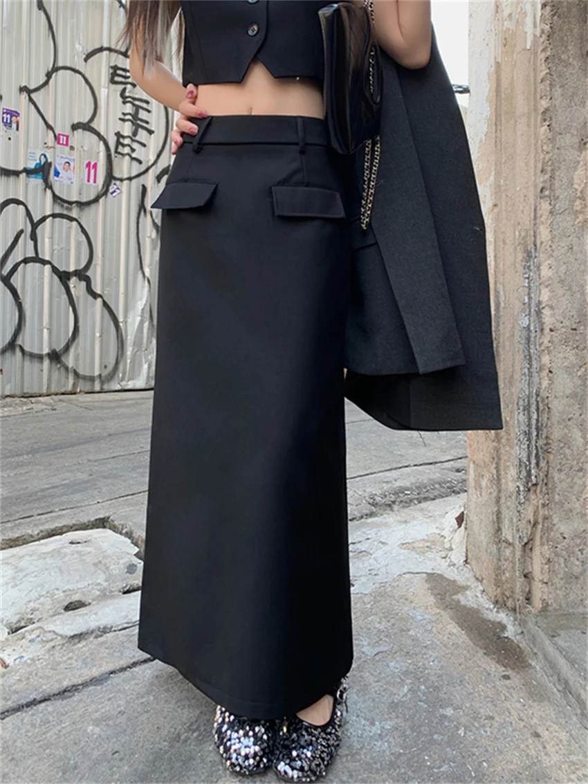 

Alien Kitty Black Straight Long Skirts Women Chic Minimalist Work Wear 2024 Spring Fashion Slim Office Lady High Waist Slim