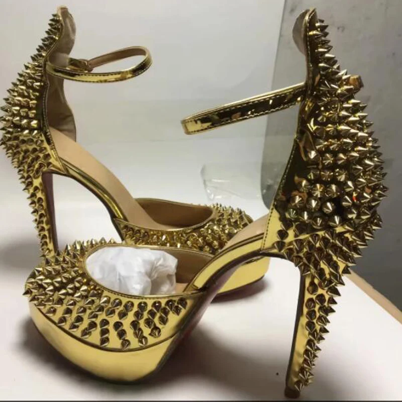 

Golden Rivets Studs Patent Leather Pumps Peep toe Full Metal Rivets High Heels Shoes Ankle Strap Sexy Party Sandals for Ladies