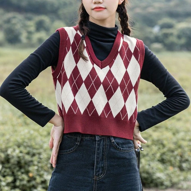 Xpqbb Argyle Plaid Pattern Short Sweater Vest Women Harajuku Preppy Style  Sleeveless Knitwear Tops Autumn V