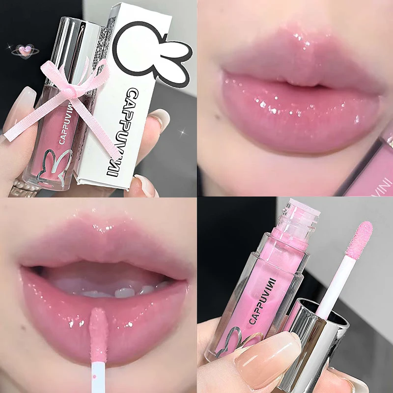 Water Light Pink Shiny Lip Gloss Lasting Moisturizing Plumper Shimmer Jelly Brown Lip Oil Reduce Liplines Liquid Lipstick Makeup