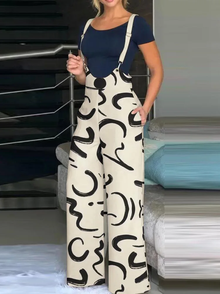 

Женский слитный комбинезон с карманами в уличном стиле, летний женский комбинезон без рукавов с широкими штанинами, повседневный комбинезон в стиле ретро с принтом