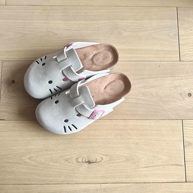 Cartoon Hello Kitty Suede Mules For Women Thicken Platform Closed Toe Round Slippers Sanrio Clogs Cork Insole Slides Sandals 2
