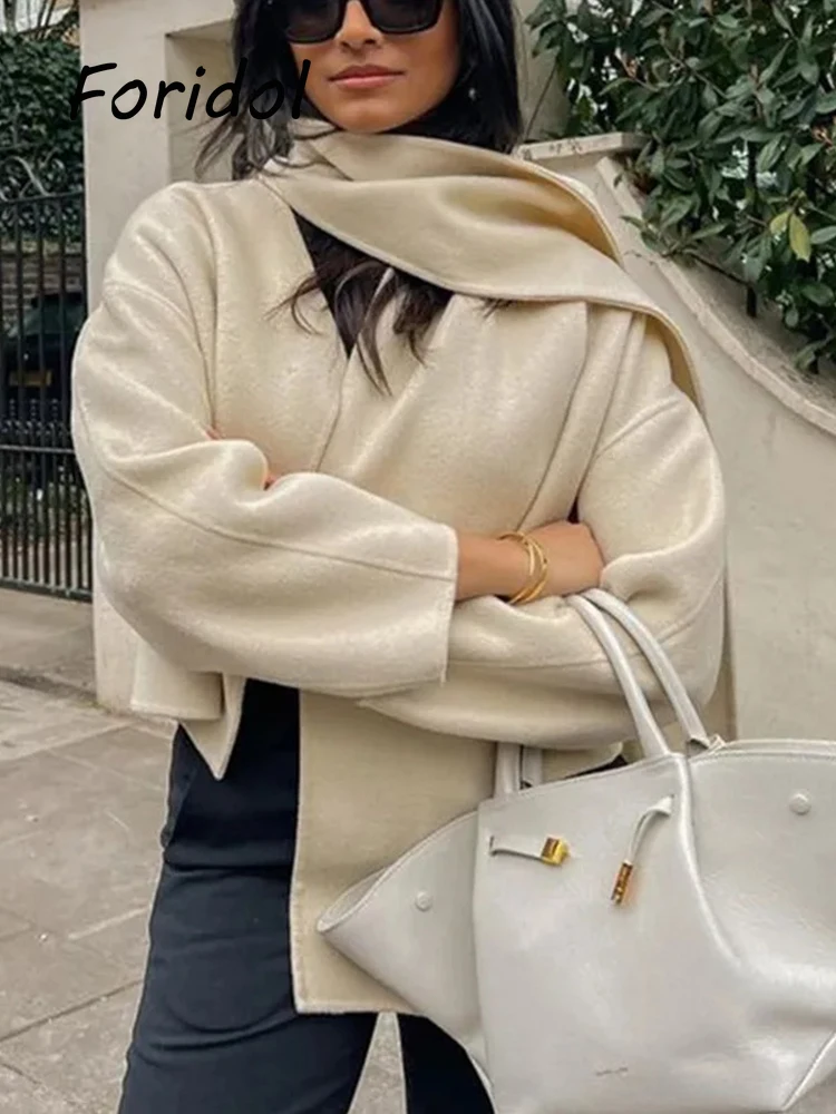 

Foridol Loose Beige Thin Basic Jacket Coat with Scarf Women Autumn Cardigan Overcoat Jacket Female Outfit Tops Spring 2023 New