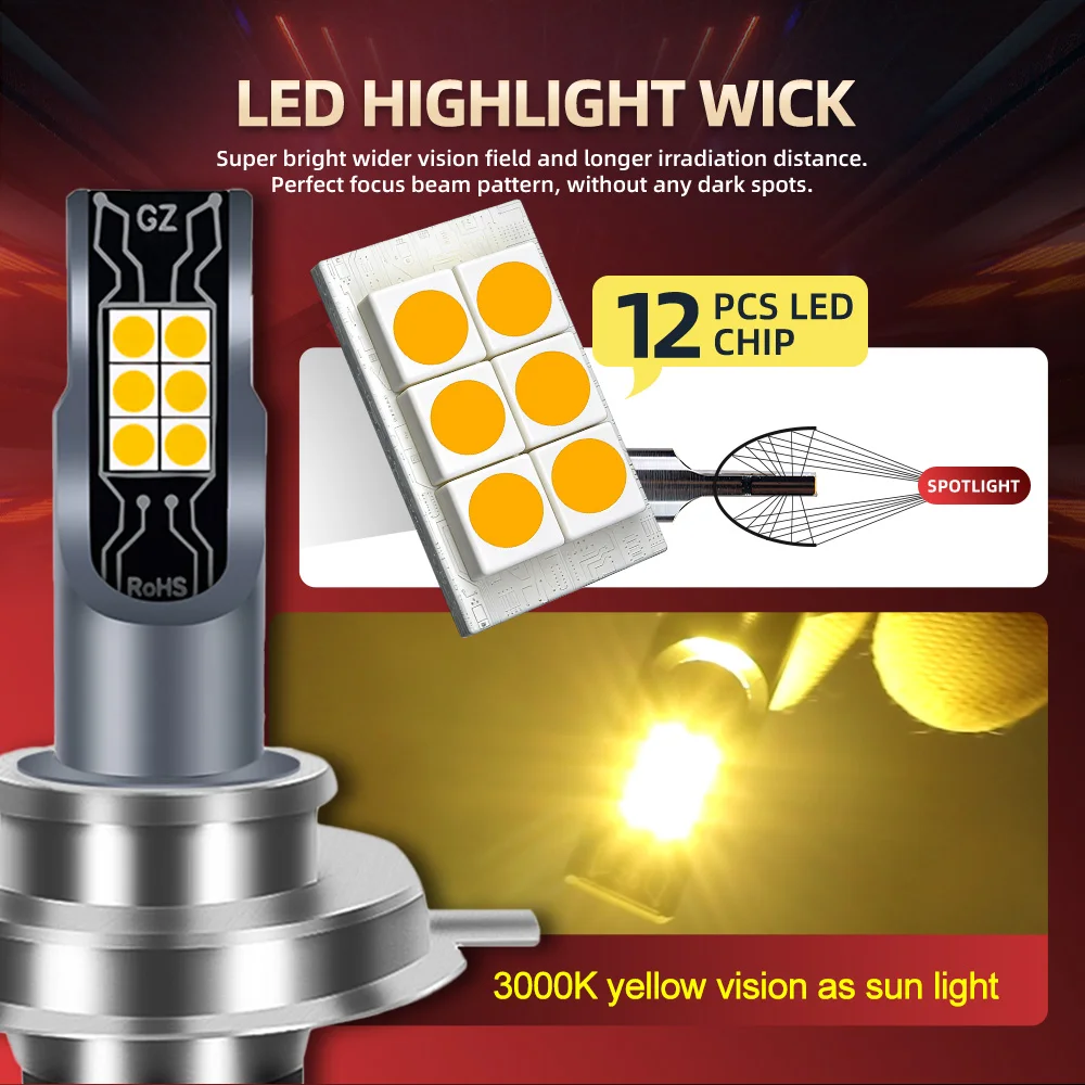 H4 LED 헤드라이트 9003 HB2 플러그 앤 플레이 무선 30000LM 고휘도 앰플 H4 LED 라이트 상향등/하향등 3000K 옐로우 안개등
