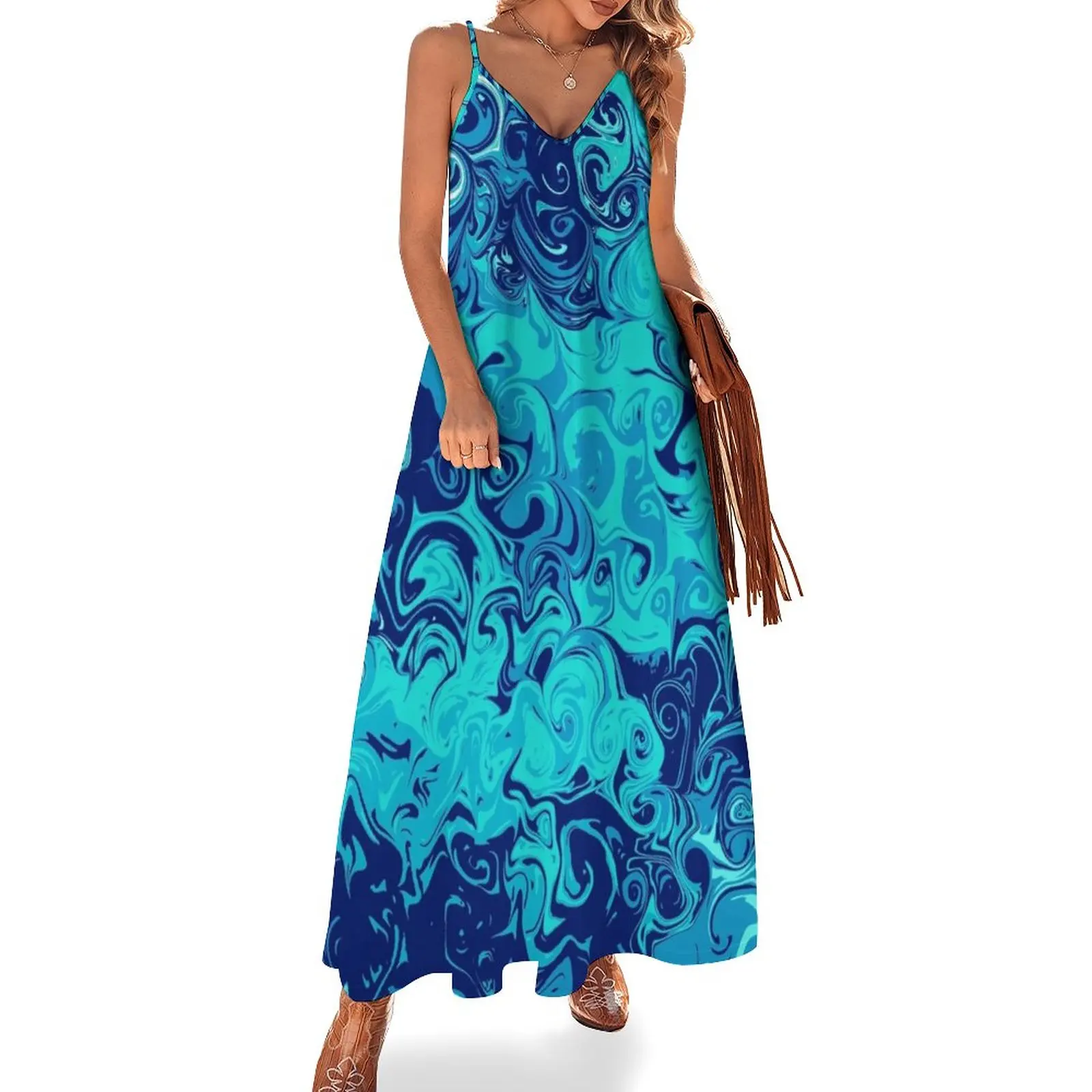 

New Abstract blue swirls Sleeveless Dress evening dress ladies african dresses for woman dresses for womens 2023