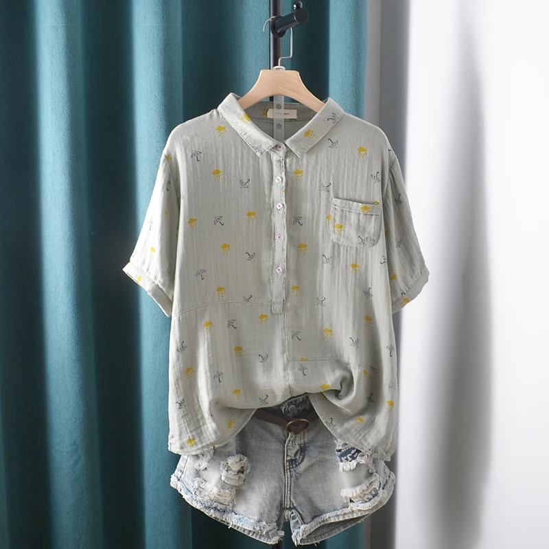 

Cotton Linen Printed Women Shirts Summer Vintage 2022 Turn-Down Collar Short-Sleeved Pocket Casual All Match Female Outwear Tops