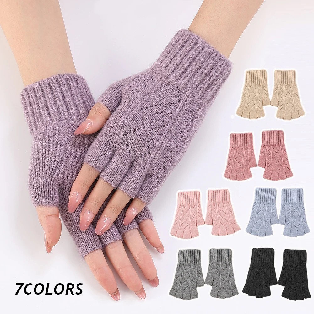 

Fashion Winter Warm Knit Half Finger Gloves Men Women Thermal Gloves Candy Color Thick Thermal Elastic Basic Plush Gloves