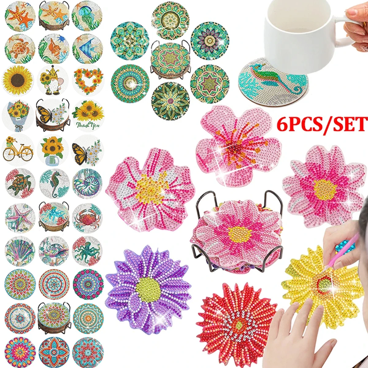 GATYZTORY 6pc/sets Diamond Painting Coasters Kits 5D Flower Drinks