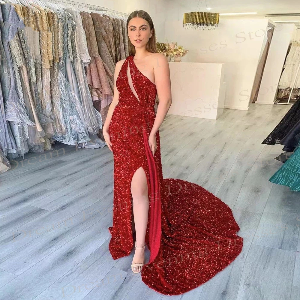 

Charming Red Mermaid Exquisite Evening Dresses With Sparkly Sequins Sexy One Shoulder Prom Gowns Side Split Vestidos De Noite
