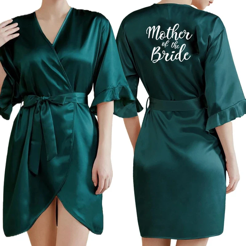 Dark Green Satin Team Bride Bridesmaid Robe Ruffle Wedding Bathrobe Gown Women Dressing Sleepwear Mother Maid of Honor Kimono