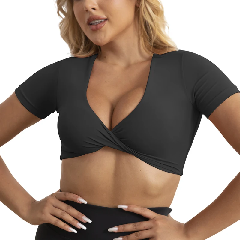 Workout Crop Tops for Women Short Sleeve Twist Deep V Crop Tank Top Padded Sports Bra Low Impact Yoga T Shirts Top sports bra,sports t shirt,yoga top,yoga shirt,sports shirt,sports tank