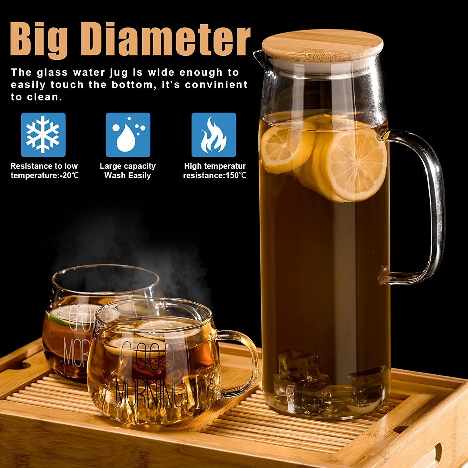 Jarra De Vidrio Borosilicato Fycooler 1.8 L - Con Tapa, Posavasos Y Cepillo - Resistente Al Calor, Para Té, Jugo O Sangría